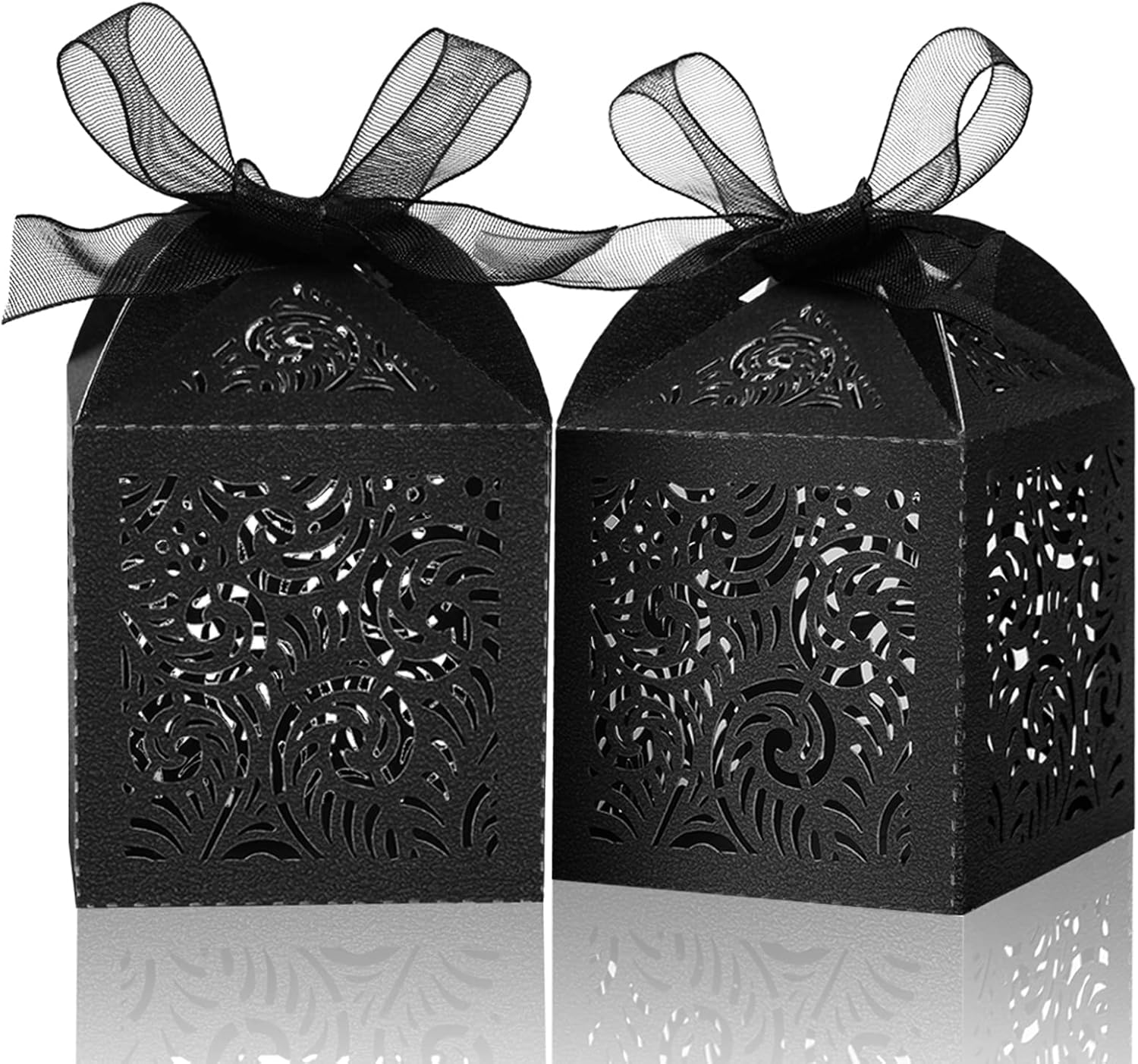 Custom Black Laser-Cut Favor Box with Sheer Organza Ribbon Custom Black Laser-Cut Favor Box with Sheer Organza Ribbon